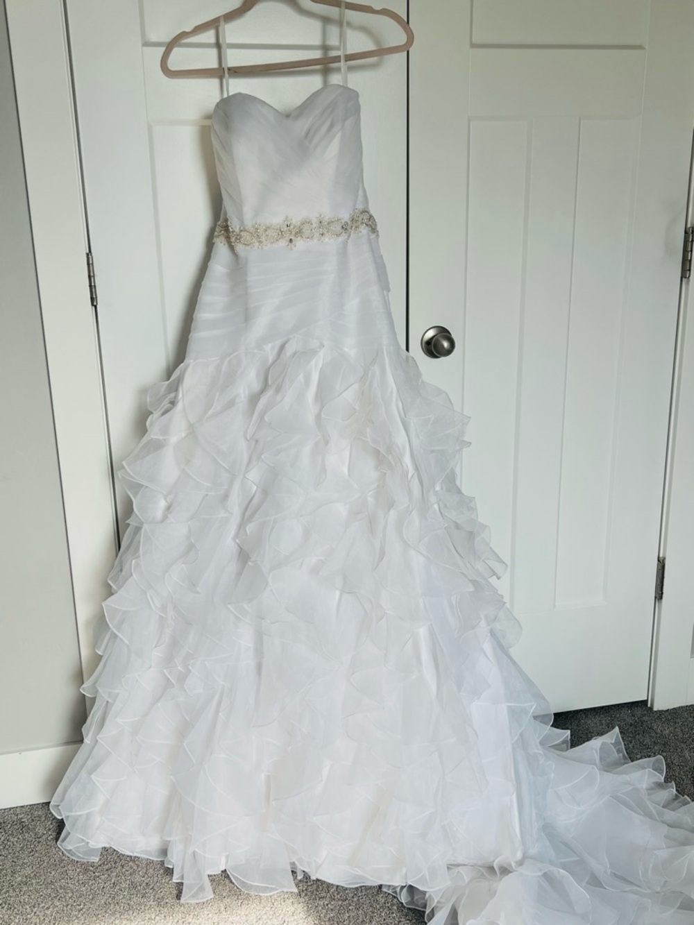 Romantic Strapless Ruffled White Wedding Gown with Beaded Waist
